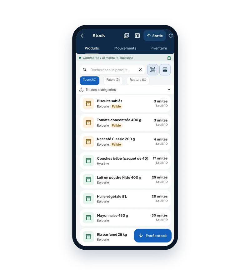 Liste du stock dans Neegui avec alertes