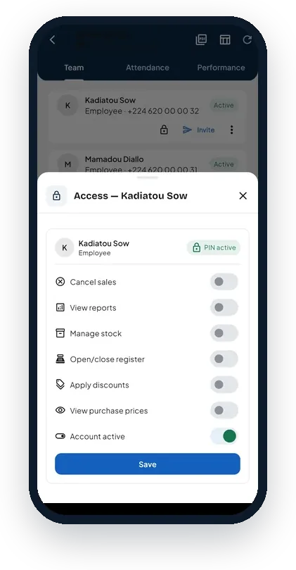 Neegui screen: employee permissions